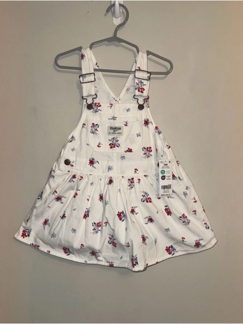 OshKosh B'gosh White  red and blue Floral Overall Pinafore Size 24M NWT